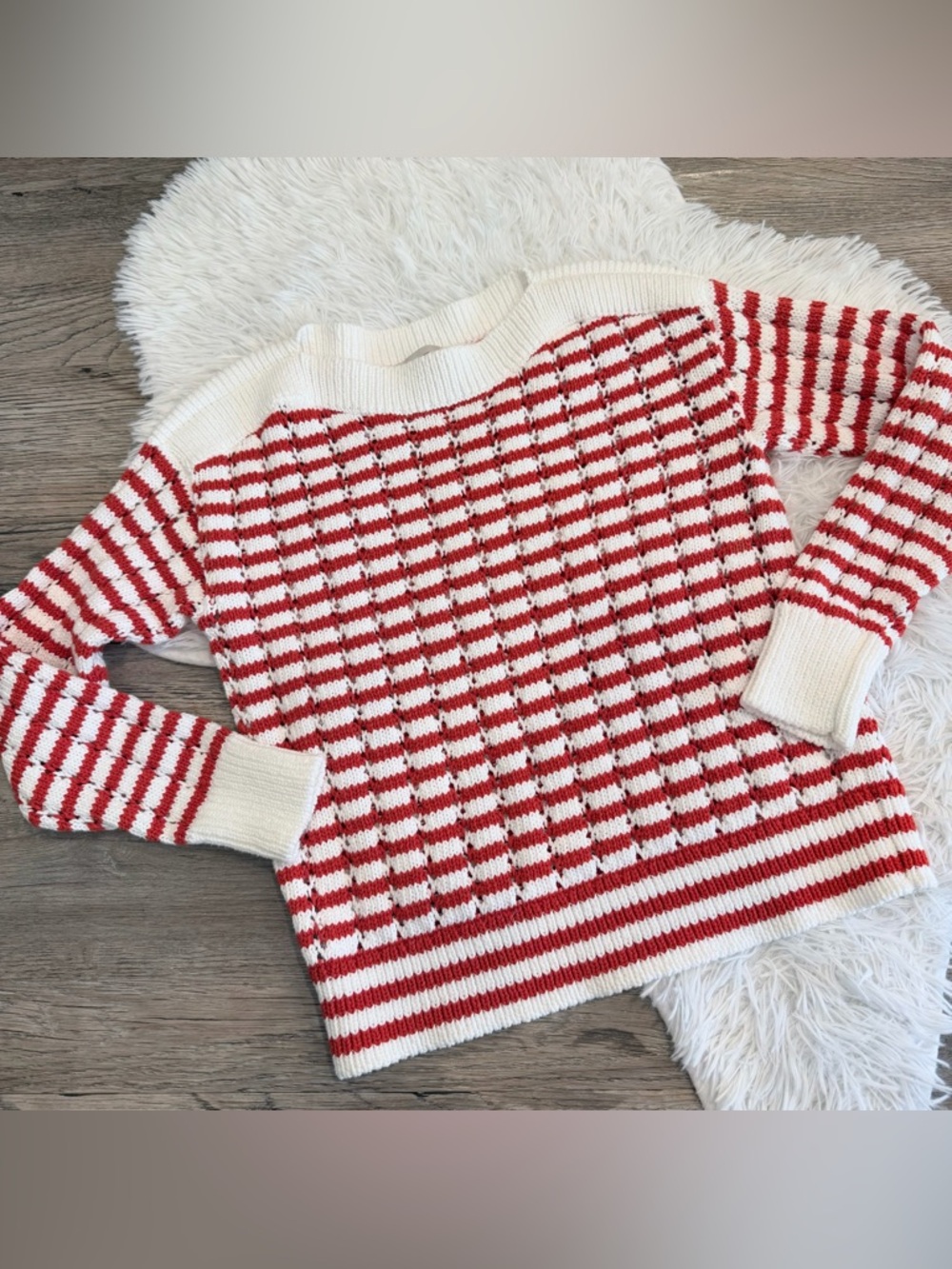LOFT Pointelle Stripe Knit Sweater Americana Summer Cotton Natural Fibers XS